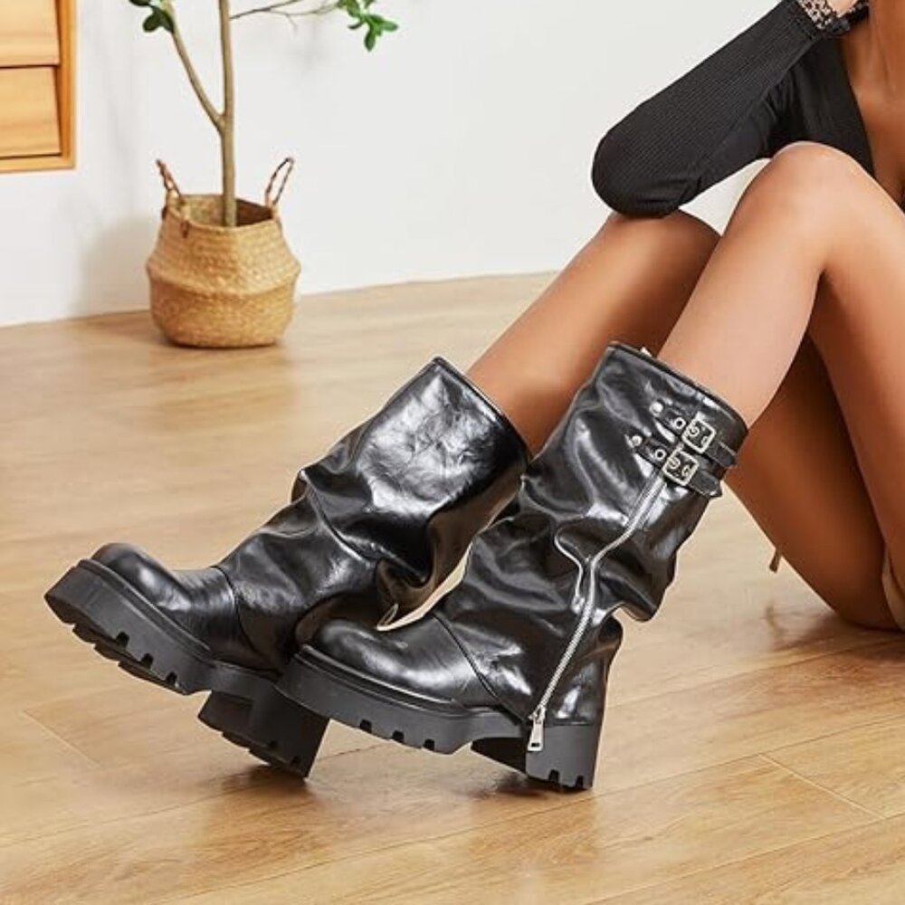 Comfortable Platform Round Toe Moto Boots